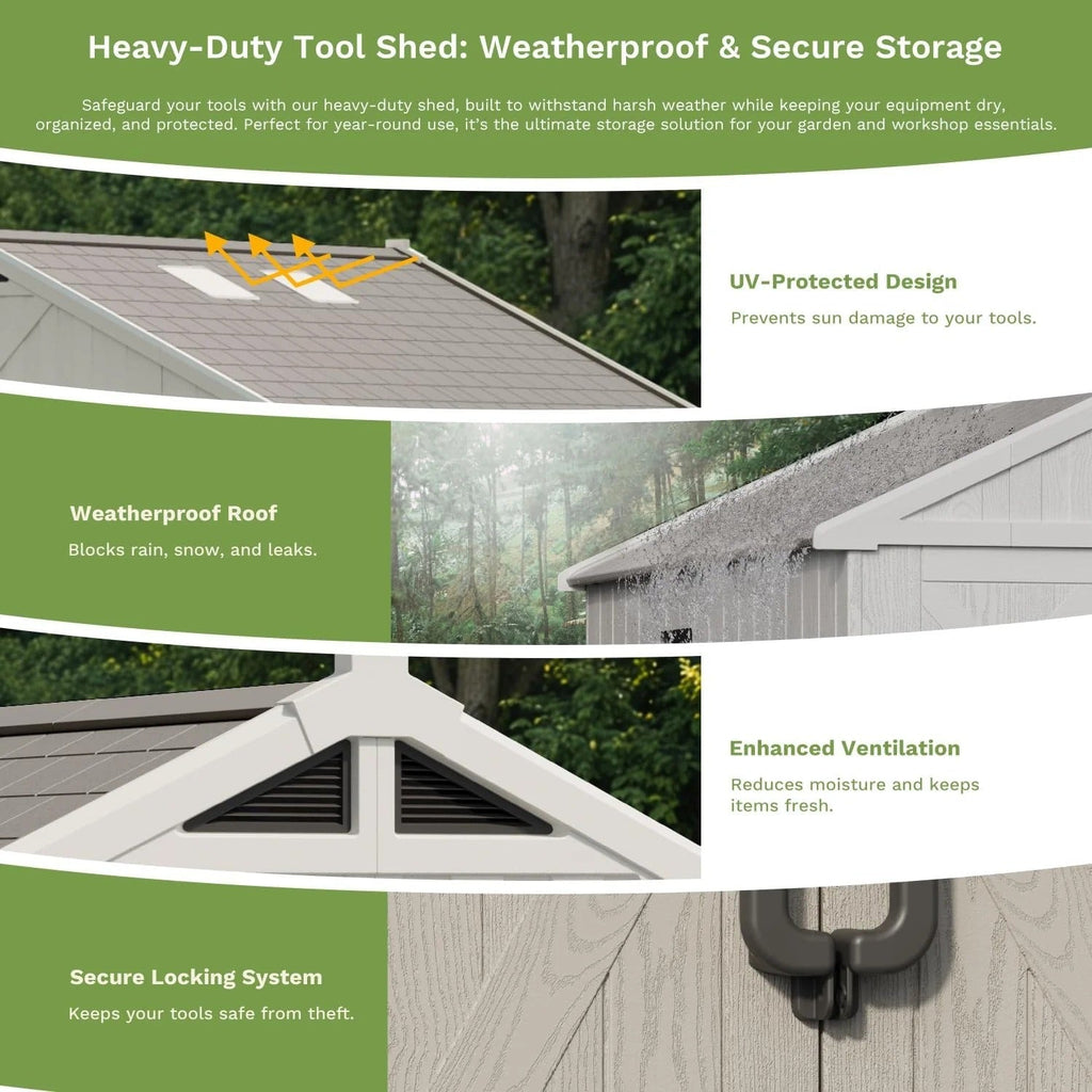 10x8 FT Kick-it Plastic Storage Shed with Skylight & Windows