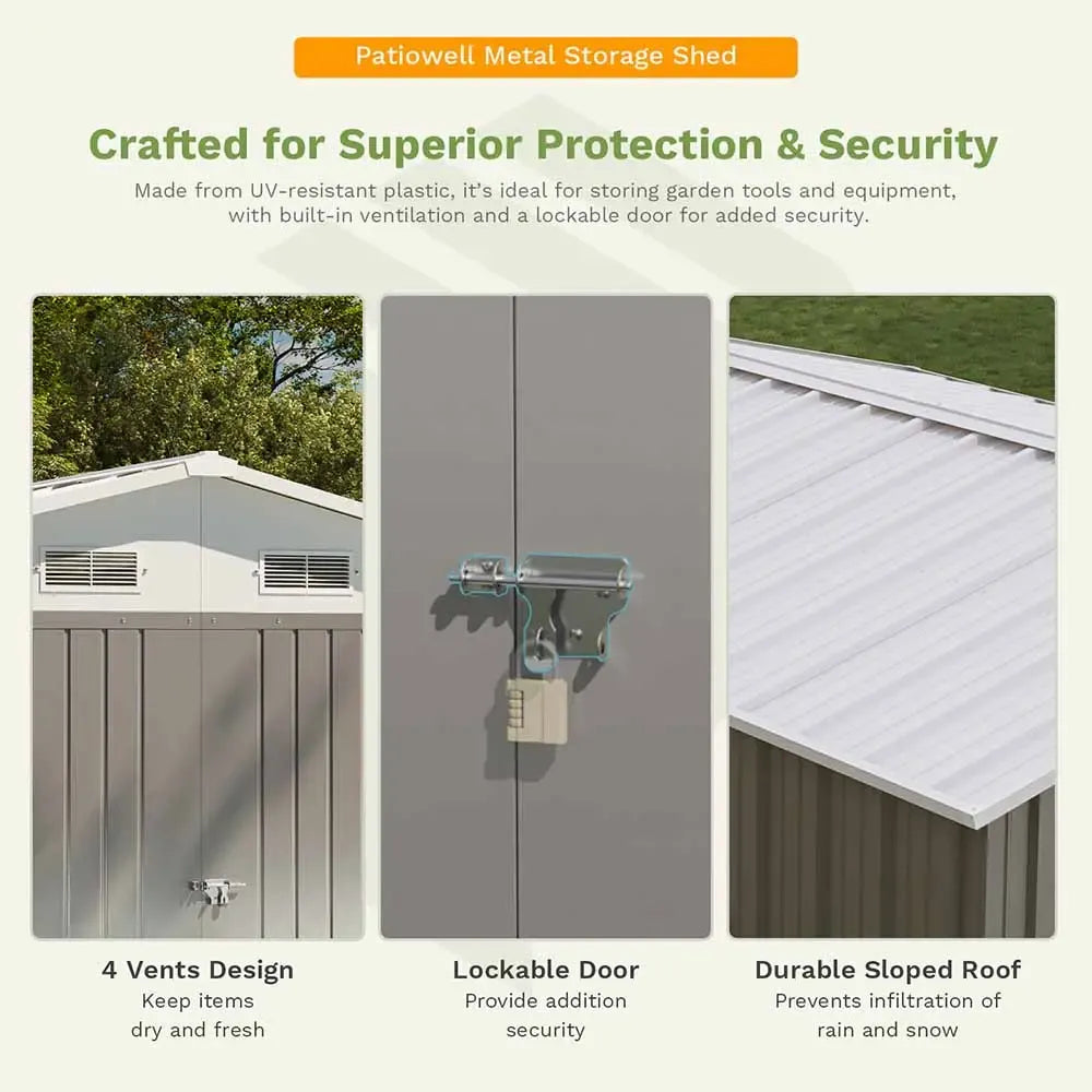 Patiowell 10x10 Metal Storage Shed with Weather-Resistance, Gray