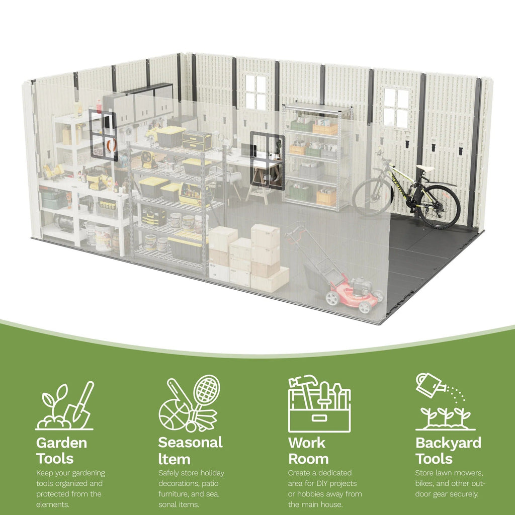 10x14 ft Kick-it Plastic Storage Shed with Skylight & Windows