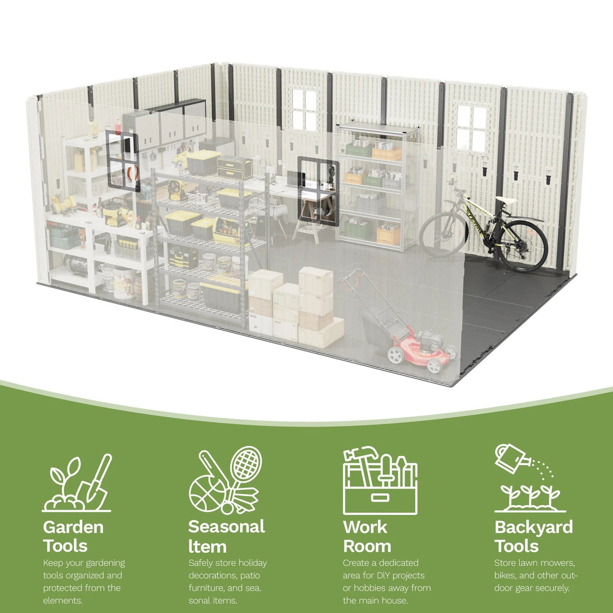 10x14 ft Kick-it Plastic Storage Shed with Skylight & Windows