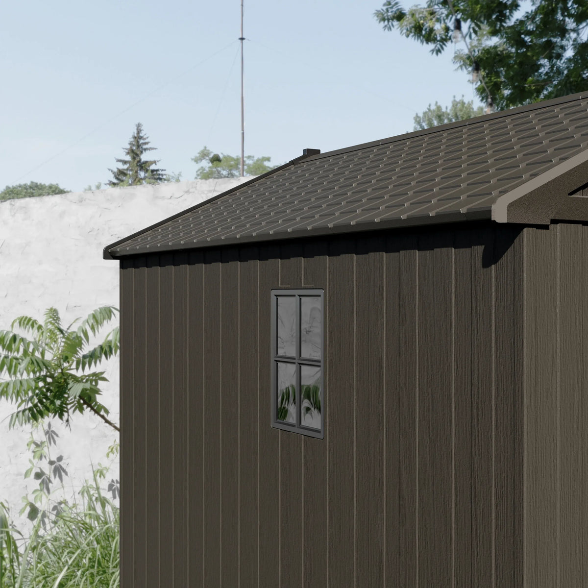 Kick-it 8x10 Plastic Storage Shed with Floor and Lights, Brown