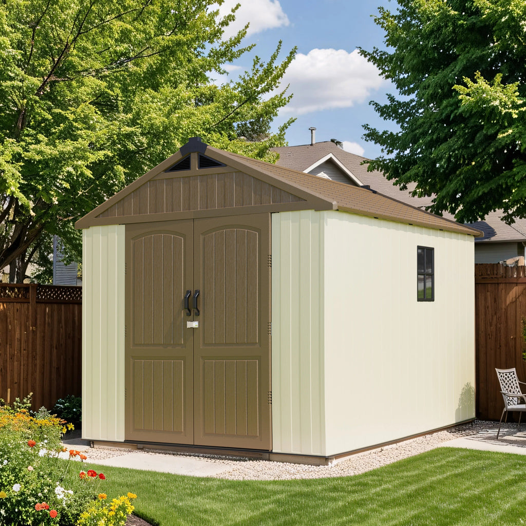Kick-it 8x10 Plastic Shed with Floor and Windows, Khaki & Beige