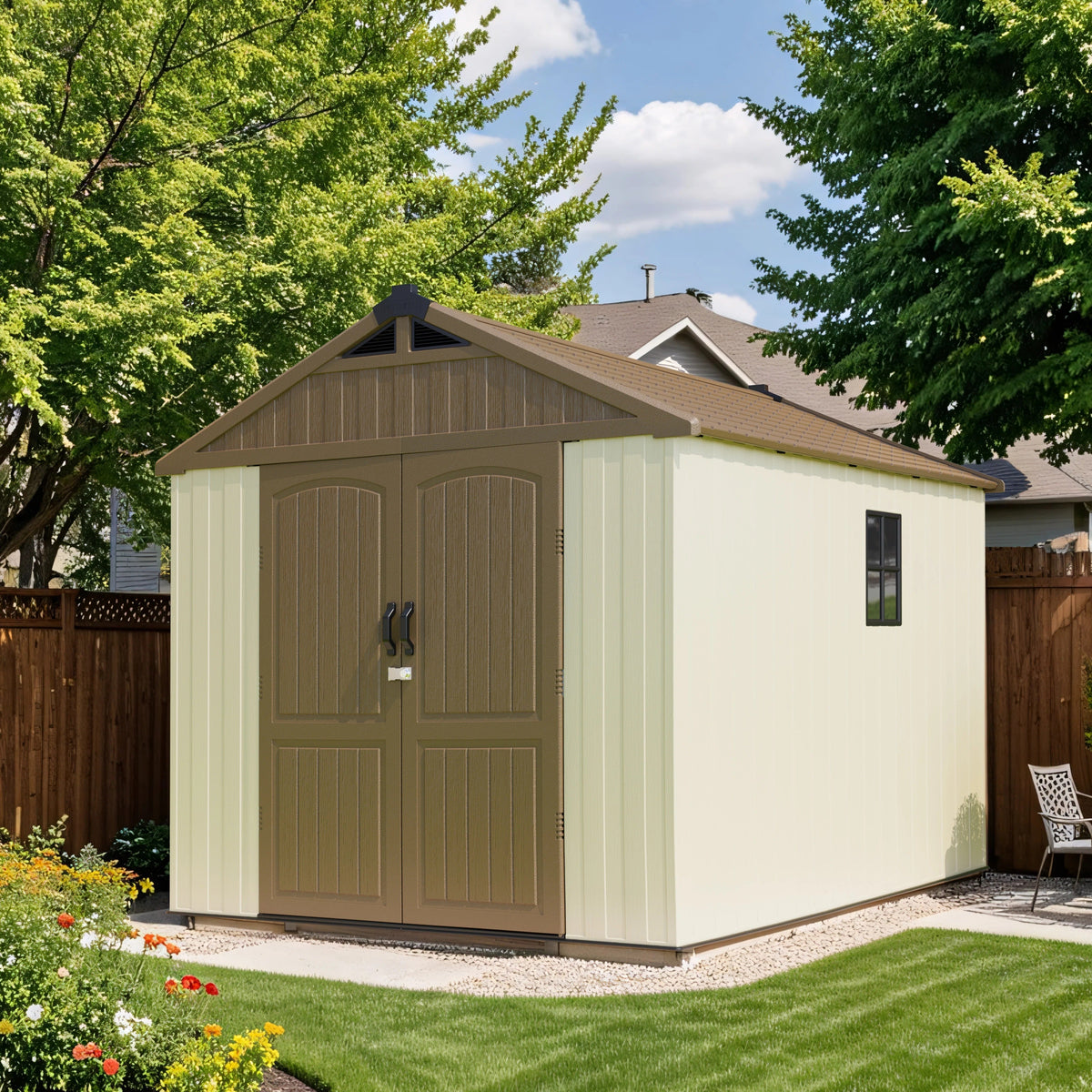 Kick-it 8x10 Plastic Shed with Floor and Windows, Khaki & Beige