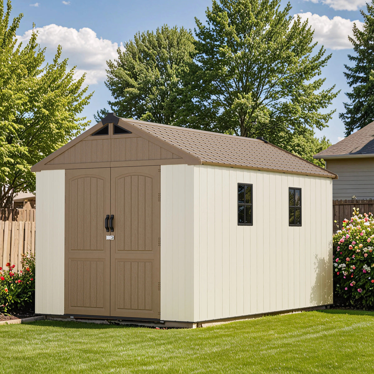 Kick-it 8x12 Plastic Storage Shed with Floor, Khaki & Beige