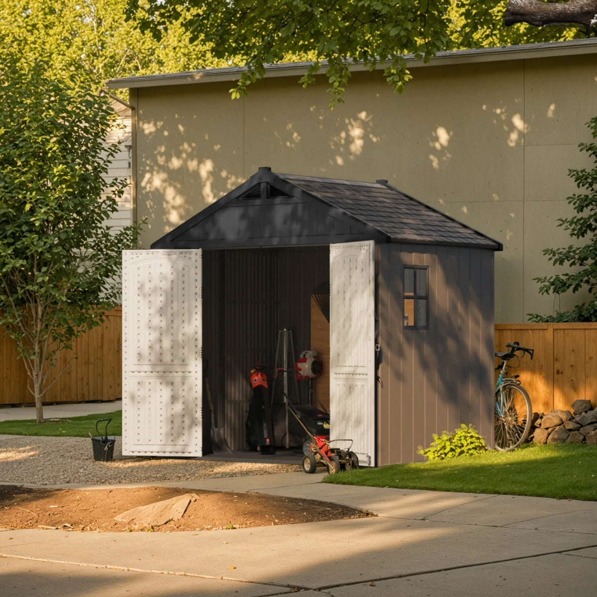 Kick-it 8x6 Plastic Storage Shed with Floor and Light, Brown