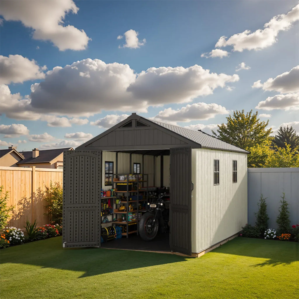 Kick-it 8x12 Plastic Storage Shed with Floor, Gray White