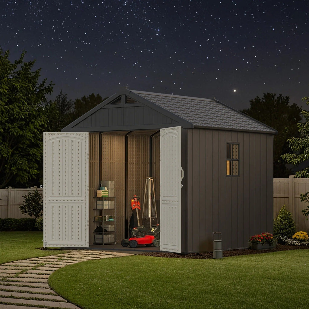 Kick-it 8x8 Plastic Storage Shed with Floor and Lights, Brown