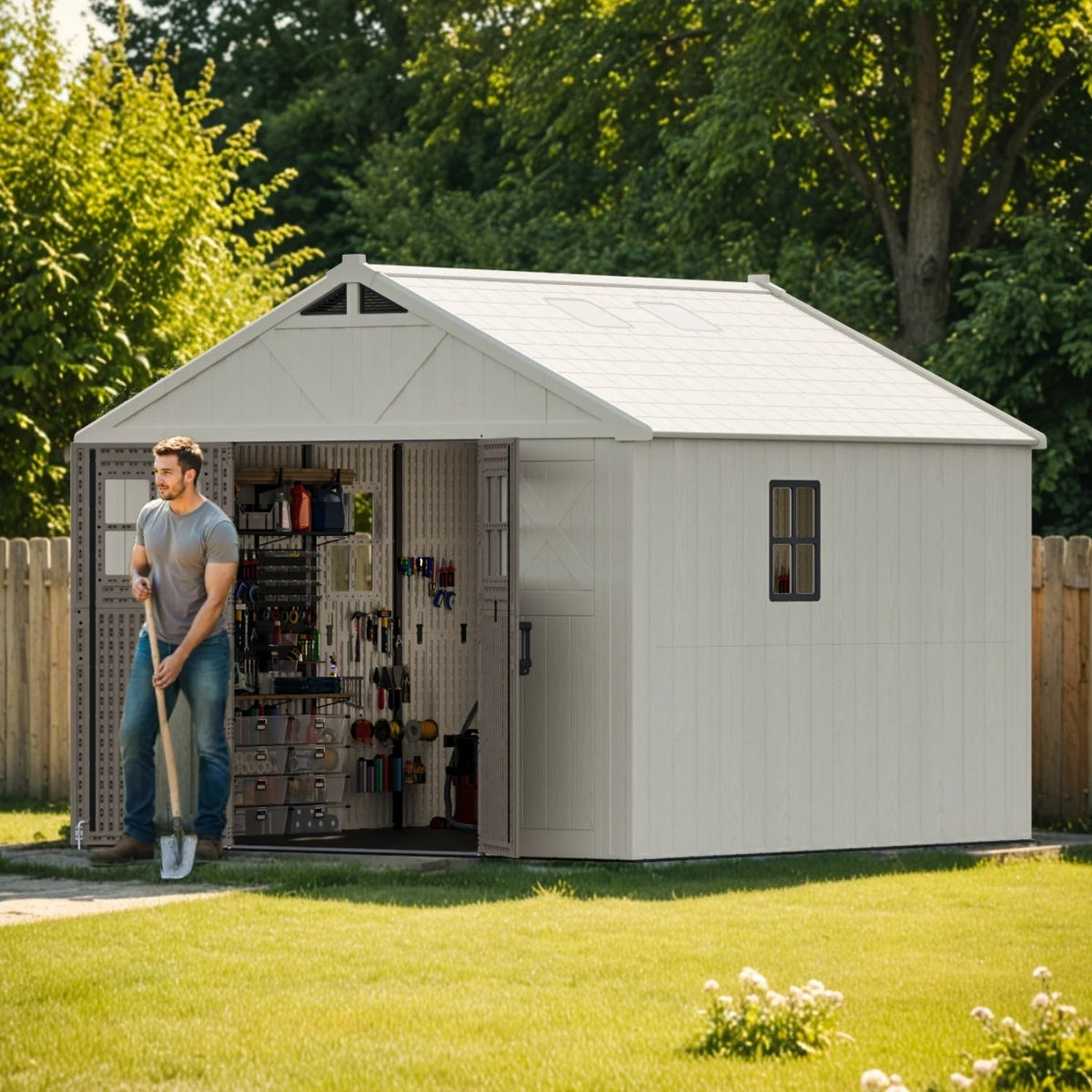 10x10 FT Plastic Storage Shed with Skylight & Windows & Lock