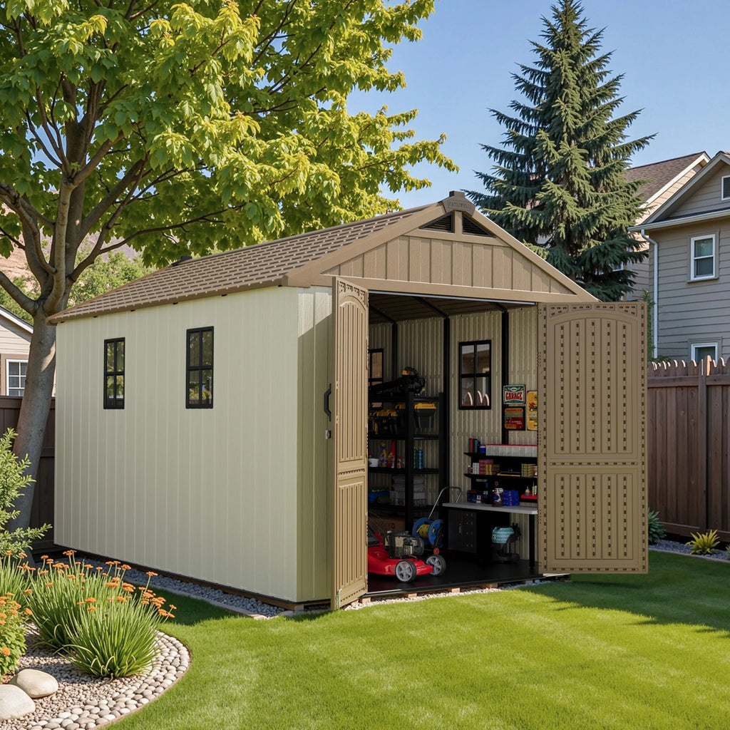 Kick-it 8x12 Plastic Storage Shed with Floor, Khaki & Beige