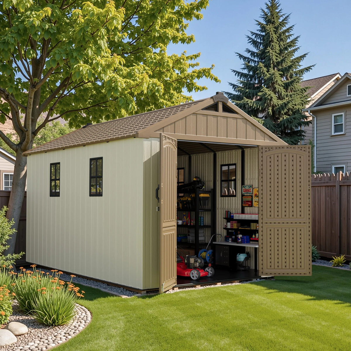 Kick-it 8x12 Plastic Storage Shed with Floor, Khaki & Beige