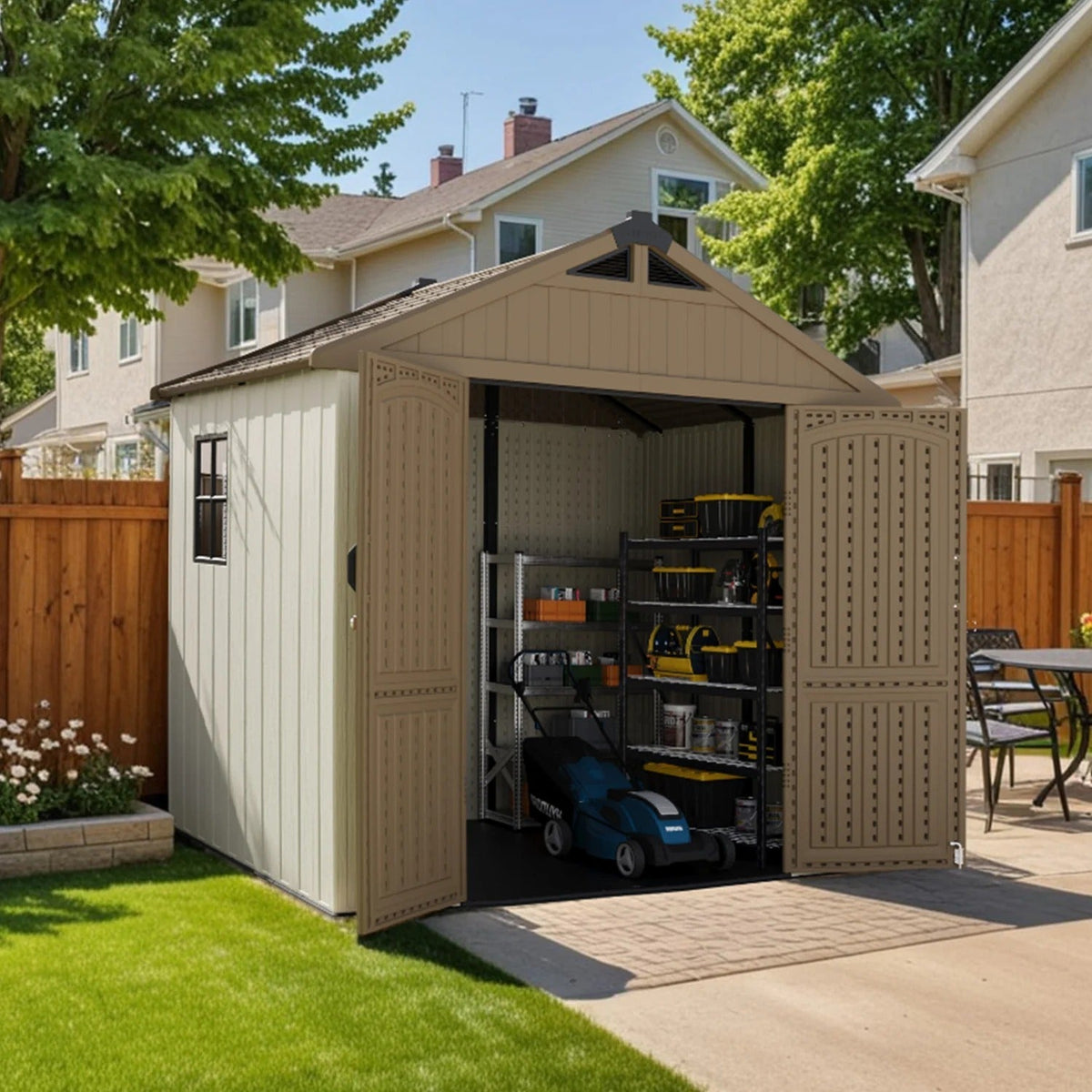 Kick-it 8x6 Plastic Storage Shed with Floor, Khaki & Beige